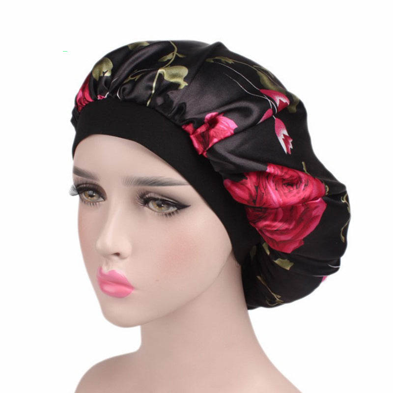 Printed Satin Nightcap Stretch Wide-brimmed Round Cap Chemotherapy Cap Dome Bathing Cap Imitation Silk Hair Care Cap