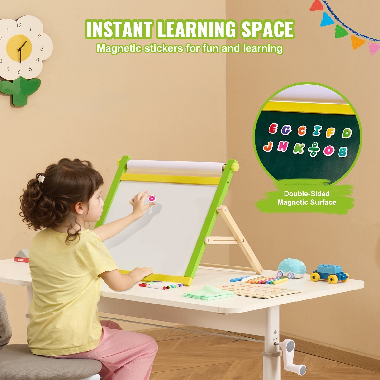 Christmas Gift VEVOR 3-in-1 Tabletop Kids Art Easel Double-Sided Magnetic Whiteboard Chalkboard