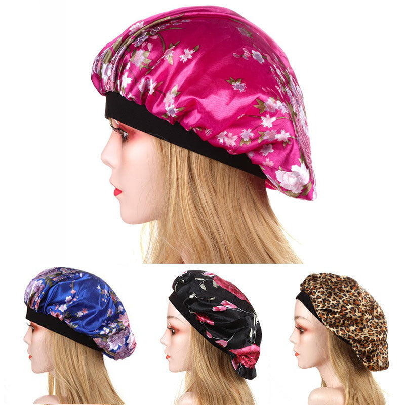 Printed Satin Nightcap Stretch Wide-brimmed Round Cap Chemotherapy Cap Dome Bathing Cap Imitation Silk Hair Care Cap