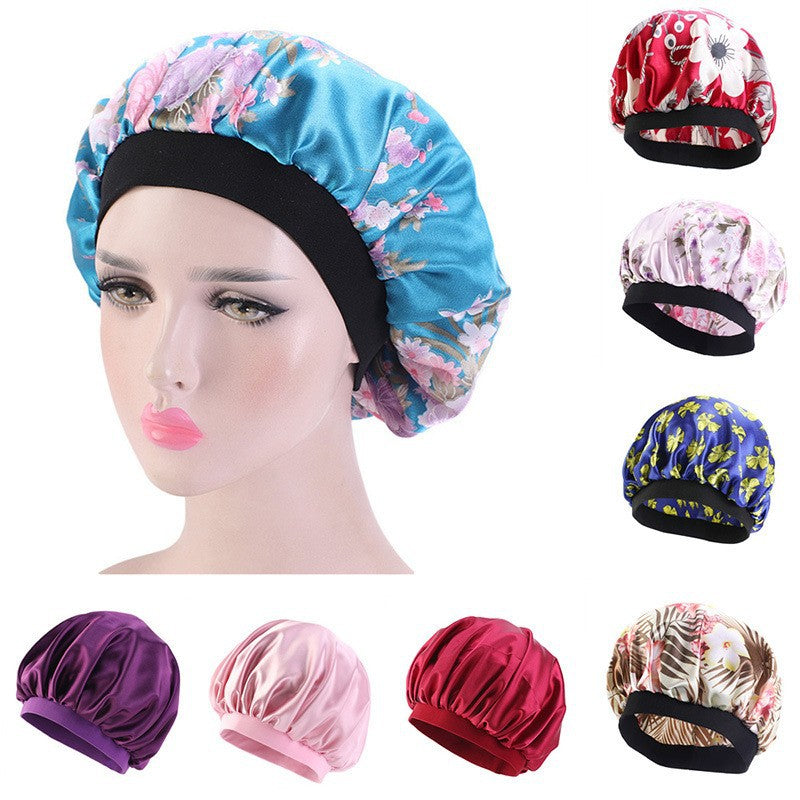 Printed Satin Nightcap Stretch Wide-brimmed Round Cap Chemotherapy Cap Dome Bathing Cap Imitation Silk Hair Care Cap