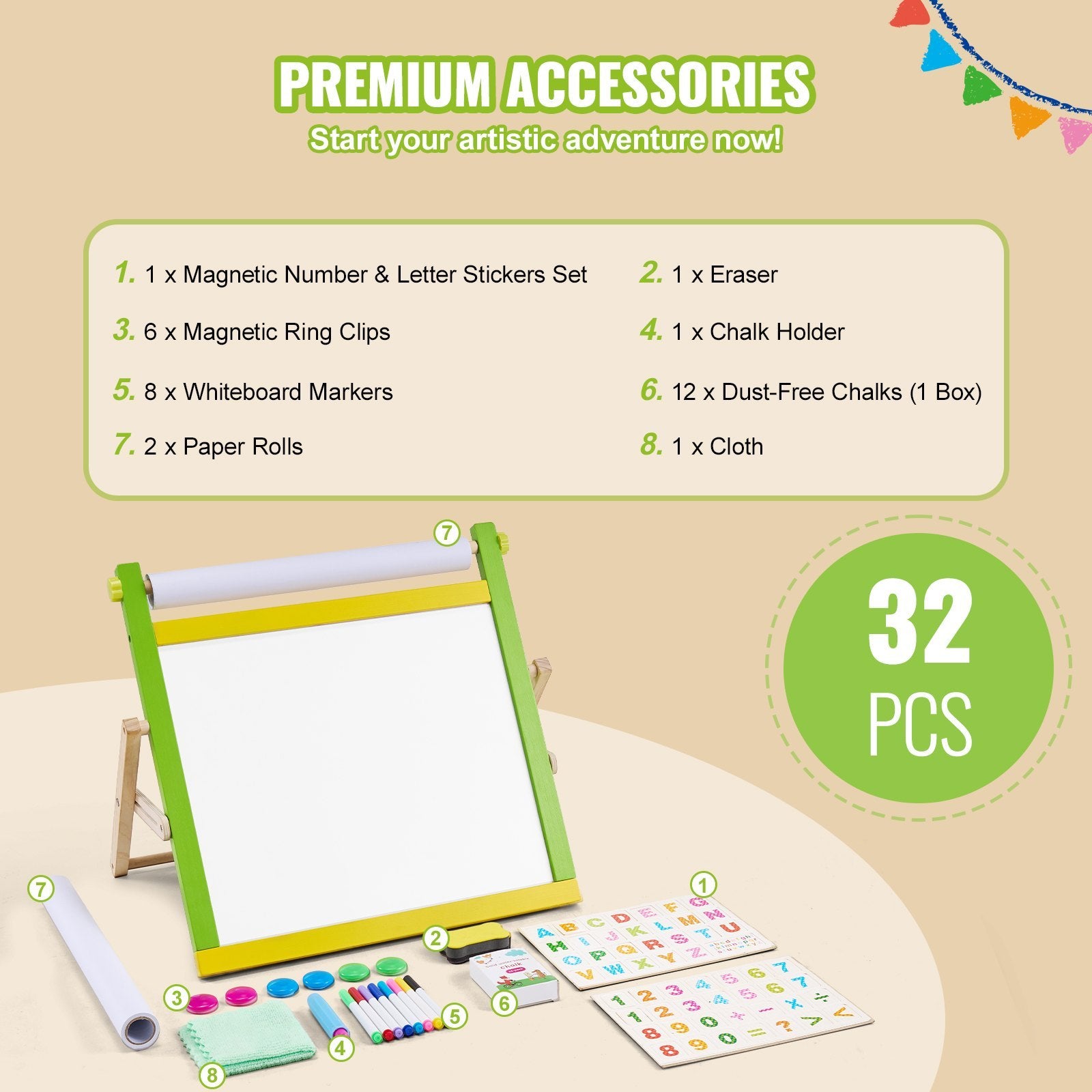 Christmas Gift VEVOR 3-in-1 Tabletop Kids Art Easel Double-Sided Magnetic Whiteboard Chalkboard